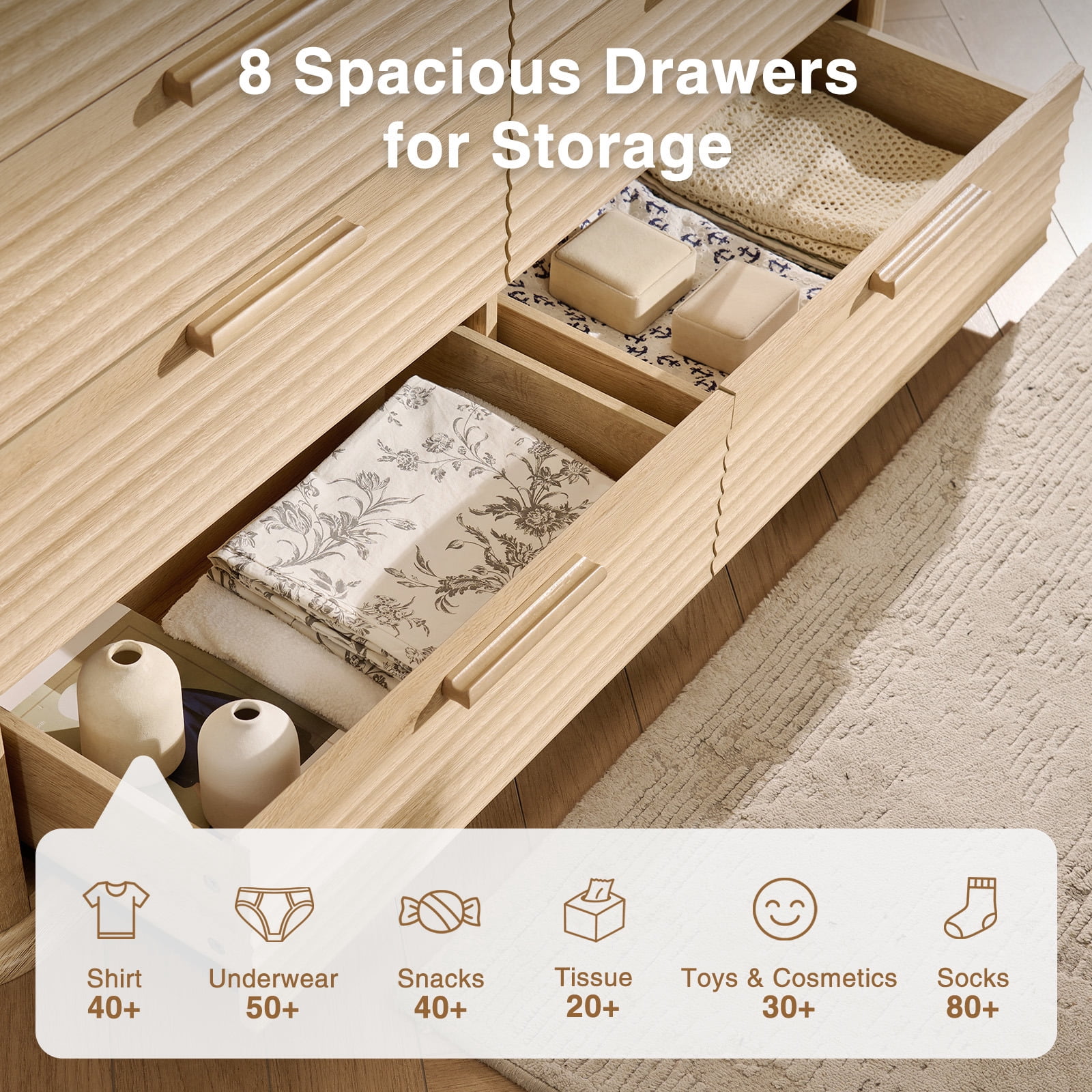 Hommoo Modern Wood Fluted 8 Drawer Dresser, 52" Wide Dresser Chest of Drawers with Curved Profile Design, Multifuctional Storage Organizer for Home, Oak