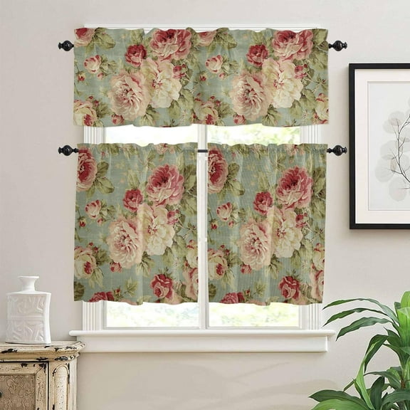 3 Piece Curtains Tiers and Valances Set, Peony Flower Abstract Floral Print Vintage Farmhouse Decoration Rod Pocket Short Window Treatment Tiers Curtains Panel and Valance for Cafe Bathroom Kitchen