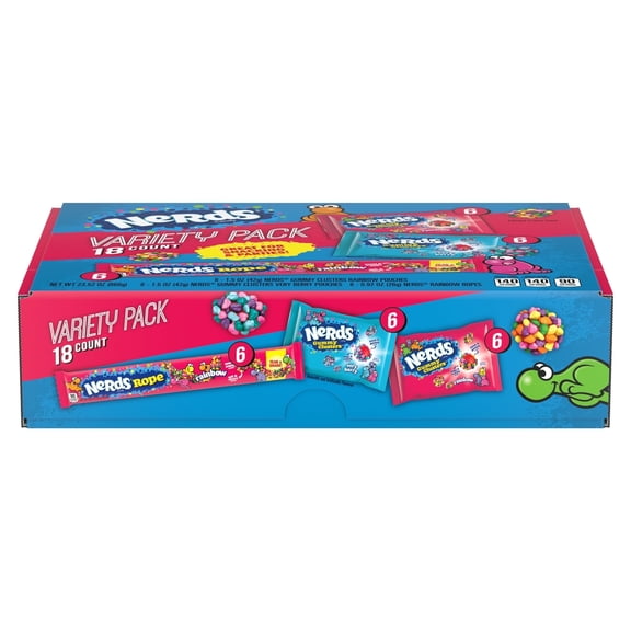 NERDS Gummy Clusters and Nerds Rope Candy Variety Pack, Individually Wrapped, 18 Count, 23.52 oz Box