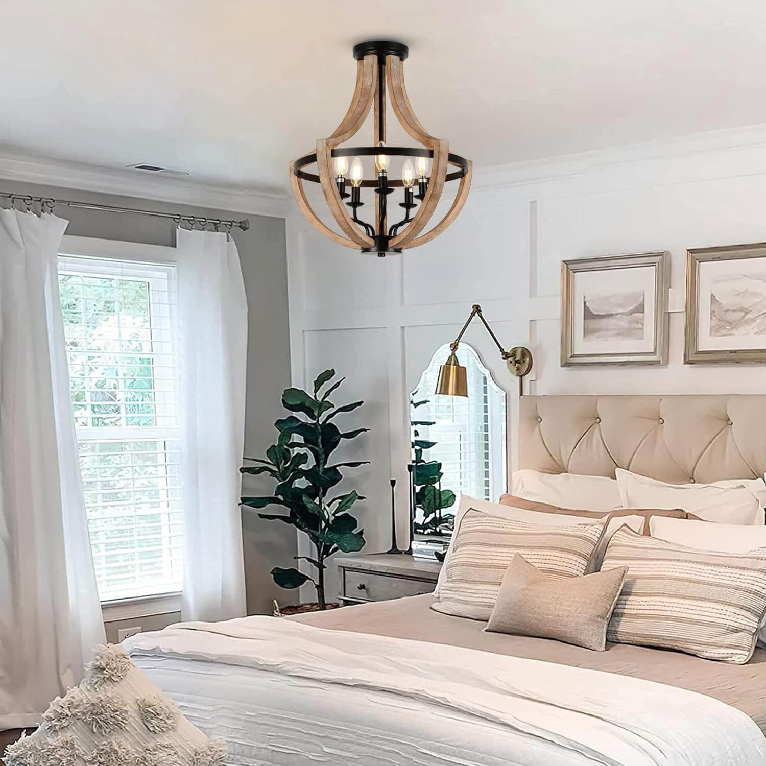 Table Lamp 19" Farmhouse Chandelier Light Fixtures, 5-Light Dining Room Light Fixtures Over Table, Solid Wood Modern Chandeliers for Dining Room Living Room Kitchen Island Bedroom Foyer, Height Adjus