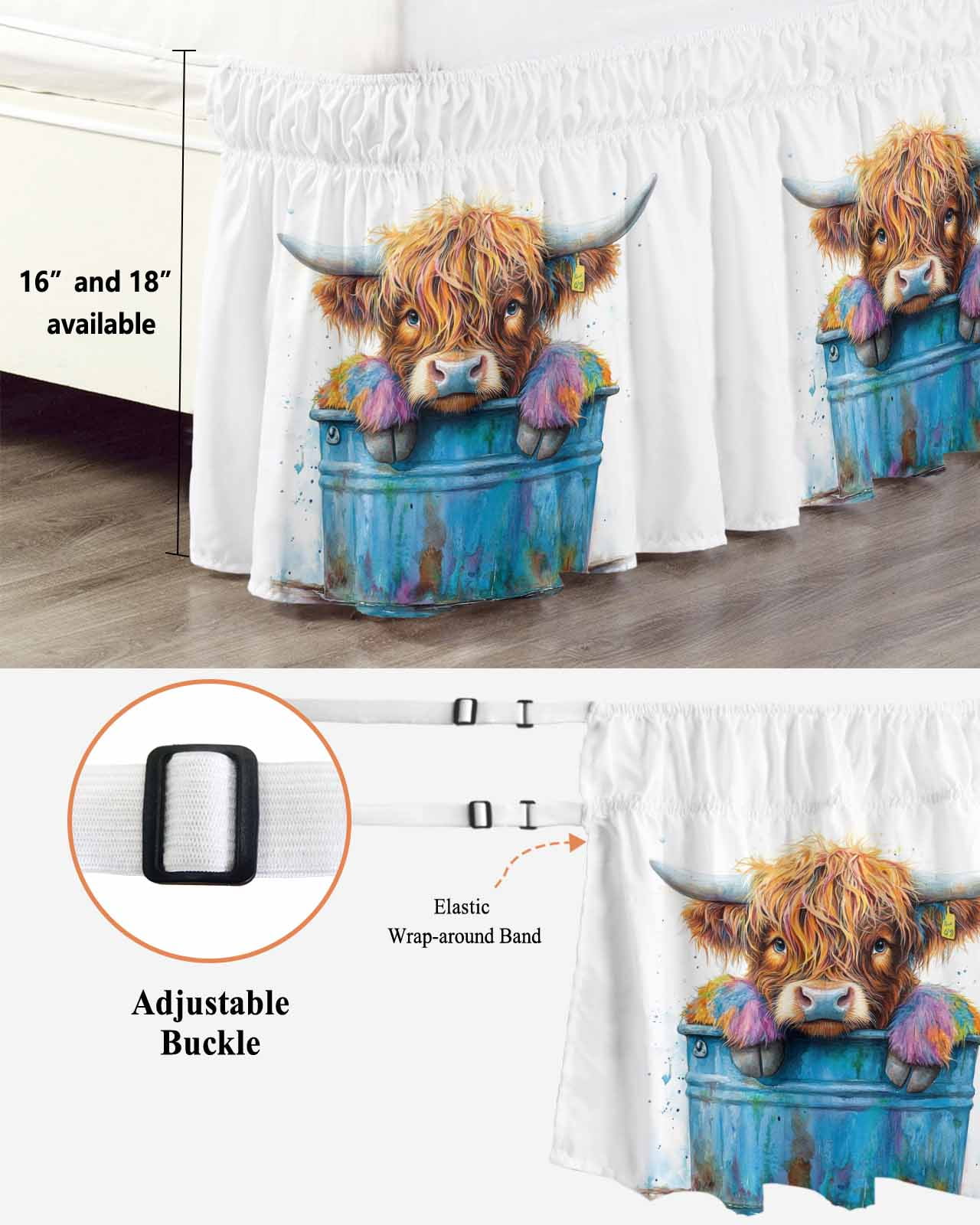 Highland Cattle Bed Skirt Farmhouse Cow Funny Animal Bed Skirts Queen Size 18 Inch Drop, Wrap Around Dust Ruffle&nbsp;Bedskirt with Adjustable Elastic Belt for Queen Size Beds