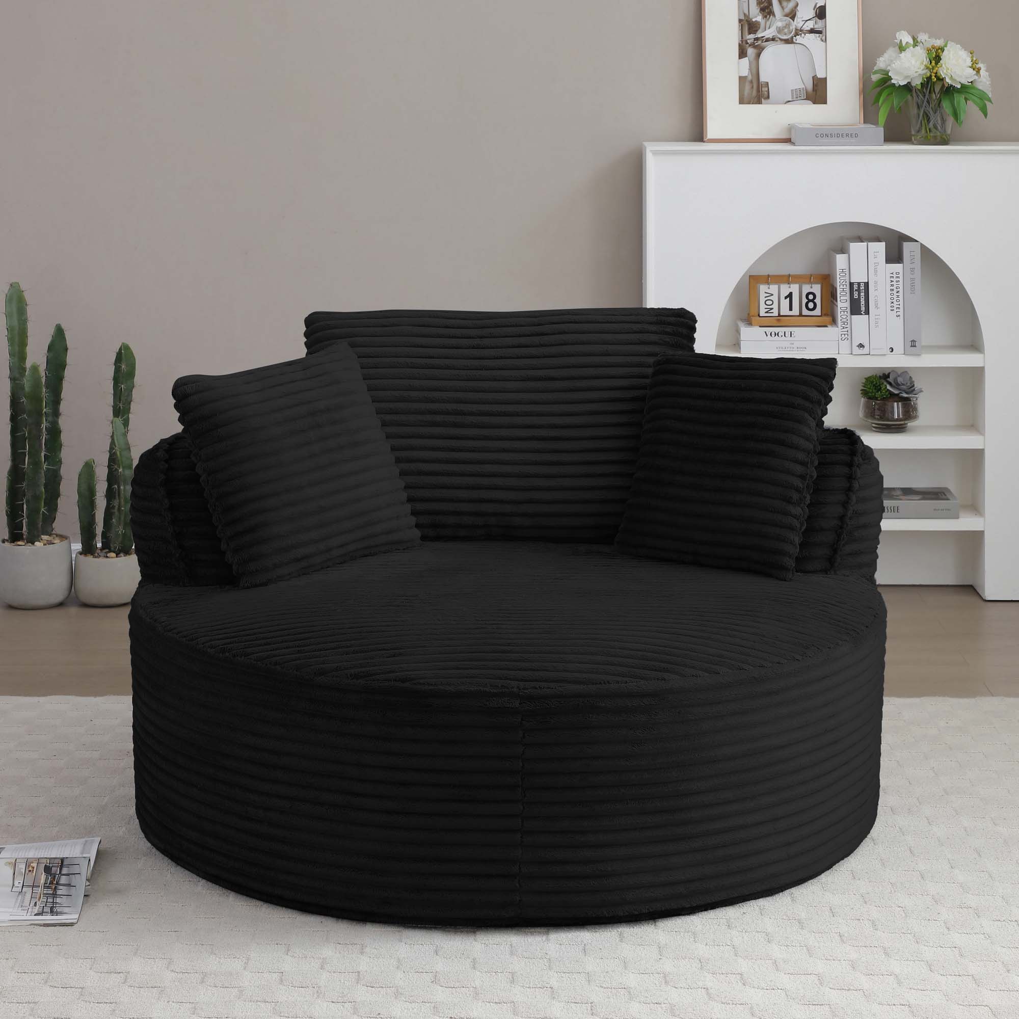 Miniyam 54" Lounge Chair for Living Room, Round Corduroy Chair, Includes Back Pillows, High Comfort for Reading & Relaxing(Black)