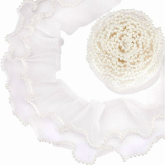 4 Yards White Ruffle Pleated Trim 3-1/8 Inch Wide Elastic Fabric Ribbon 2-Layer Tulle Fabric Applique Ruffled Tulle Lace for Sewing Dress Trimming Craft Collar Cuffs Hat Bag Decor DIY