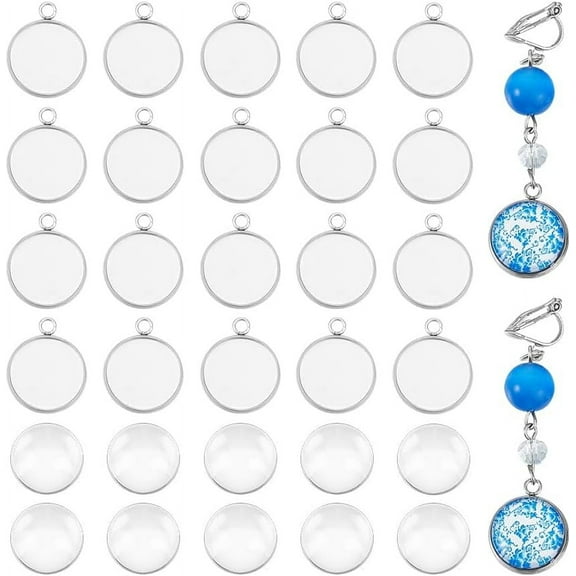 60Sets Flat Round Blank Dome Pendant Making Kit Stainless Steel Cabochon Bezels Base Setting with Glass Cabochons Tray 14mm for Necklace