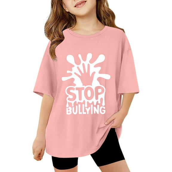 Suilloe Toddler Girls T-Shirts Anti Bullying Printed Short Sleeve Dropped Shoulder Tee Kids Girls Casual Lightweight Breathable T-Shirts，5-6 Yeras
