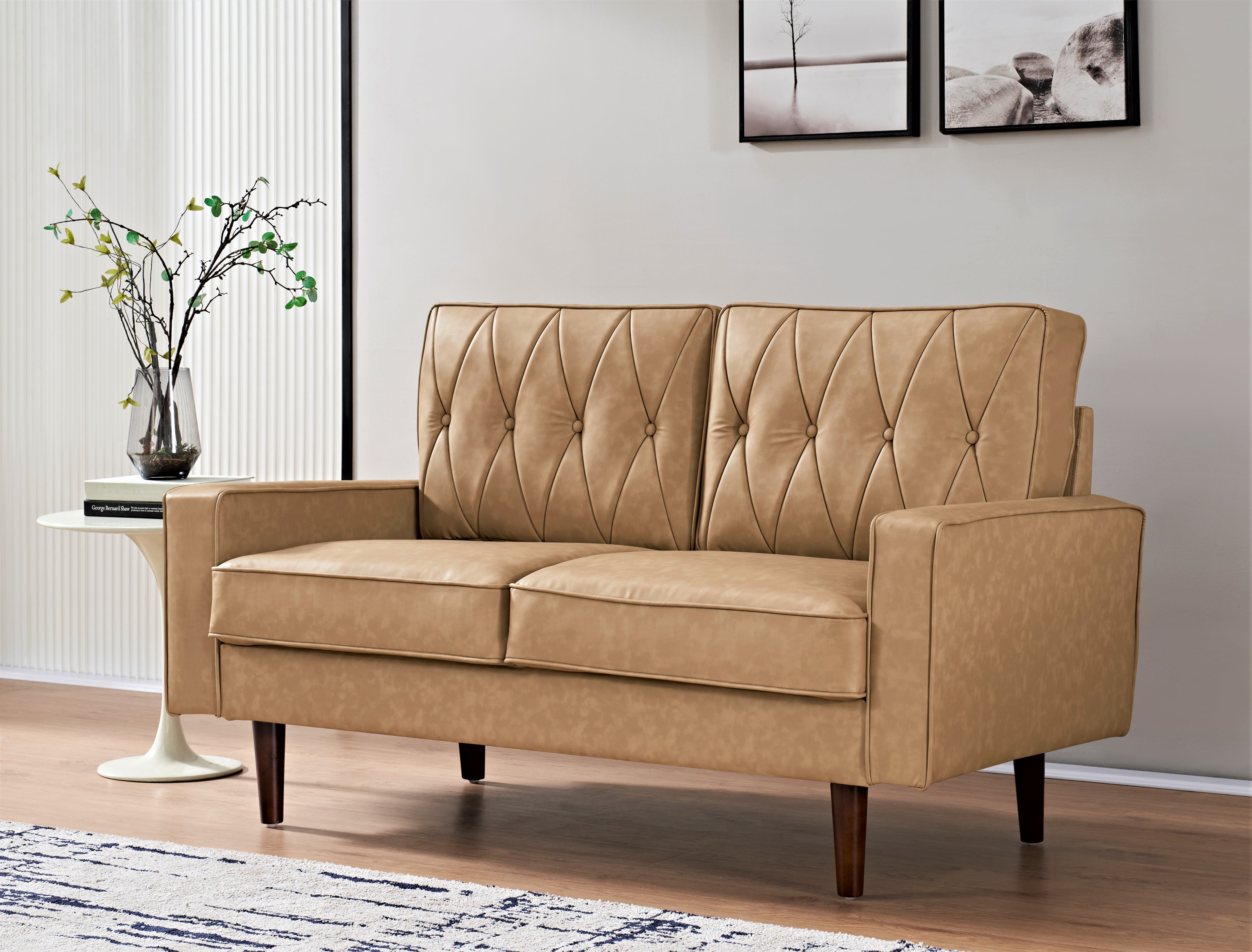Uspridefurniture Acire 57.5" Faux Leather Cushion Back Loveseat, Camel