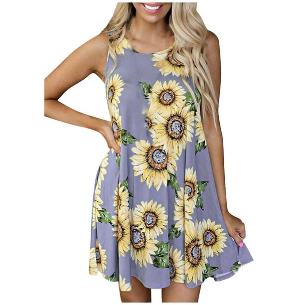 Women's Casual Sunflower Print Sleeveless Summer Sundress Mini Dress ...