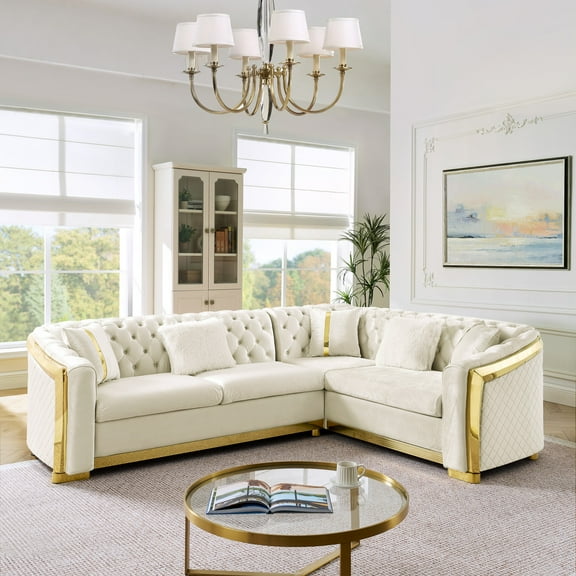 106 Inches L-Shaped Chesterfield Sectional Sofa Set with Gold Stainless Steel Accents, Velvet Button Tufted Sofa with 5 Pillows Luxury Couch for Living Room (Beige)