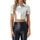 thumbnail image 1 of Camisa de botón de manga corta de cuero sintético INSPIRE CHIC, blusa, top corto, chaqueta plateada XL, 1 of 1