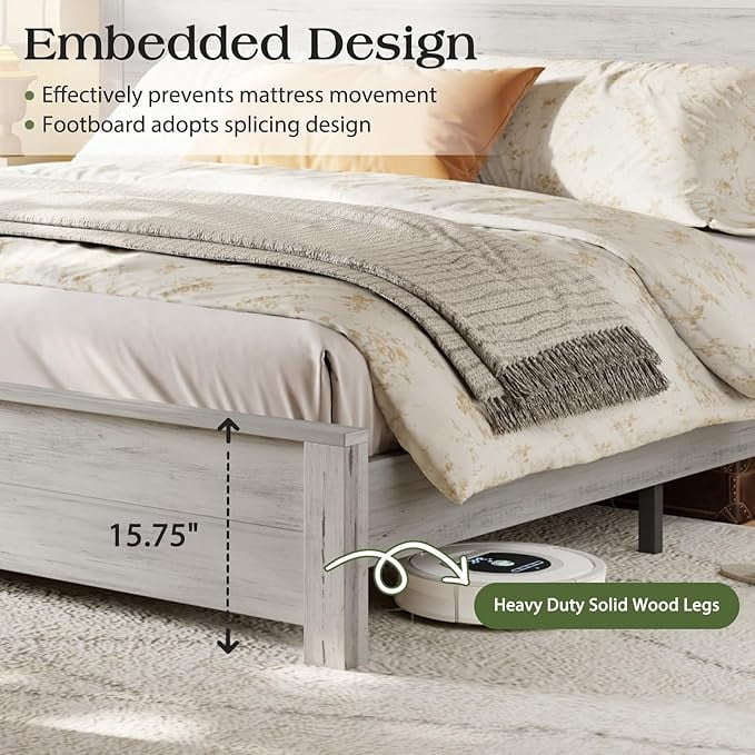VanAcc Queen Size Wood Platform Bed, Rustic Bed Frame with 51.2" Tall Slatted Headboard, Wooden Slats & Metal Support, Noise Free, Rustic White