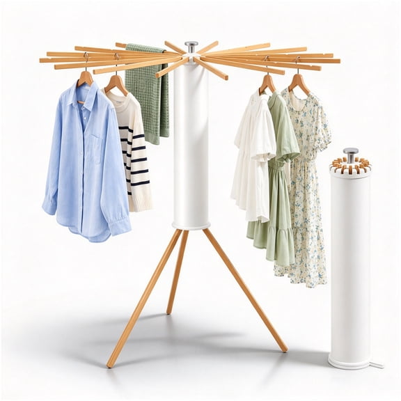 Tripod Clothes Drying Rack, Foldable Wooden Garment Rack, Portable Space Saving Floor Laundry Stand for Bedroom and Balcony Use