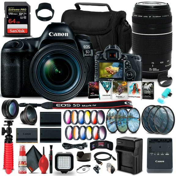 Canon EOS 5D Mark IV DSLR Camera with 24-70mm F4L Lens 1483C018 Canon EF 75-300mm F4-5.6 III Lens 6473A003 64GB Memory Card Color Filter Kit Filter Kit 2 x LPE6 Battery International Model