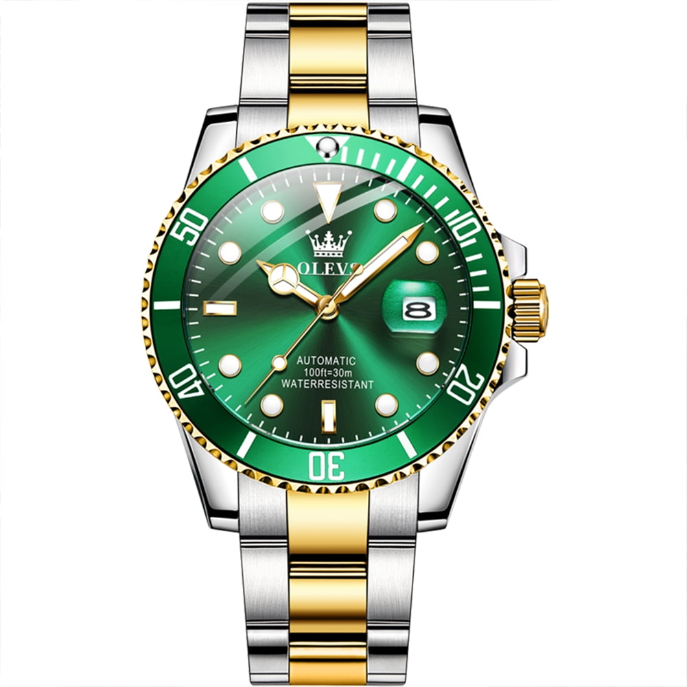 Olevs Wristwatch for Men TwoTone Automatic Mechanical Date Green Gold