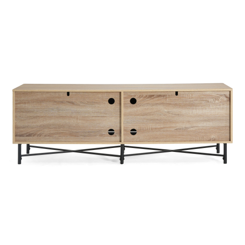 Functional 4-Door TV Cabinet, Modern Natural Entertainment Center with Adjustable Shelves, Cable Management, Iron Legs, Storage for Living Room, Fits 65 Inch TV, 66"x18"x23", Easy Assembly