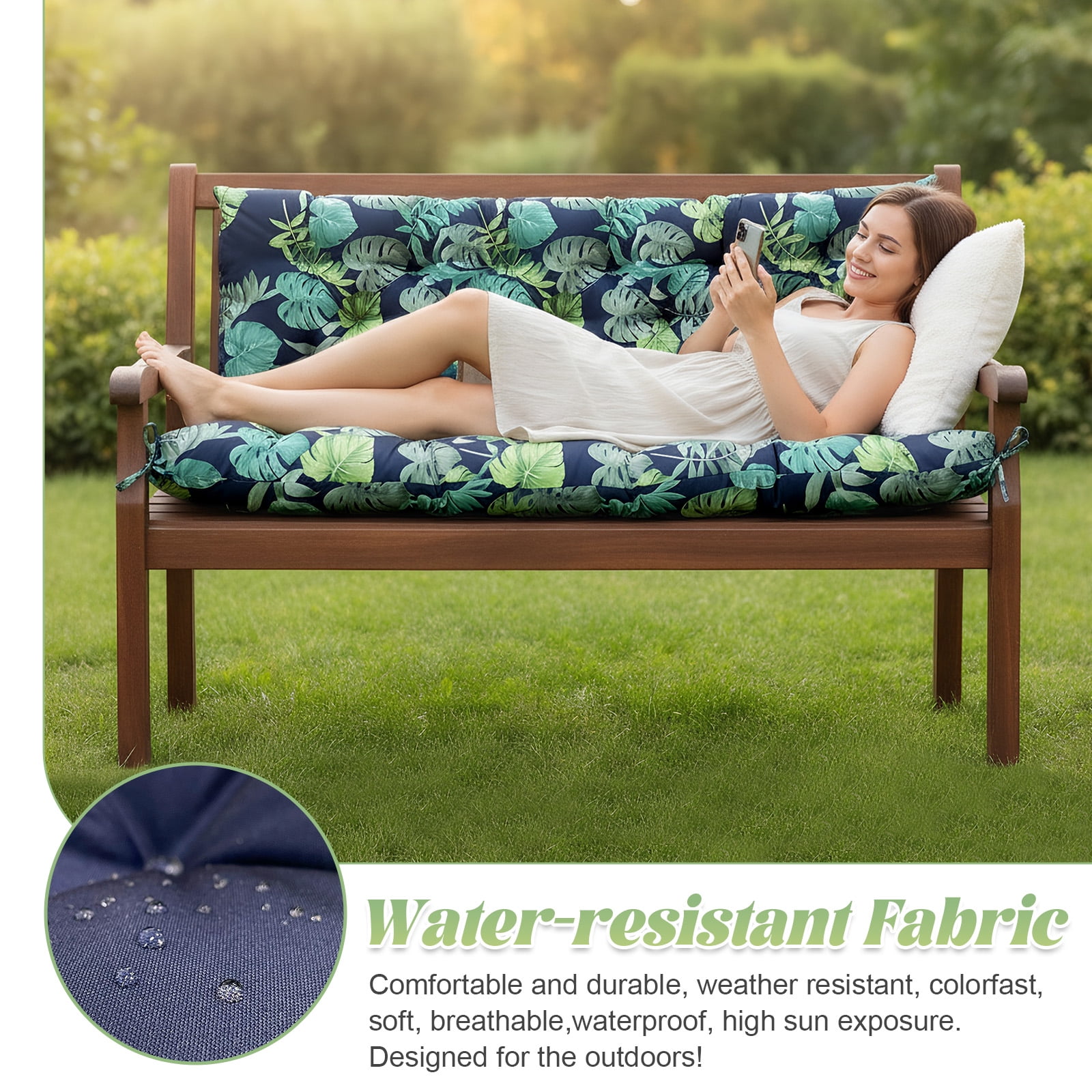Eurhowing Outdoor Bench Cushion Waterproof, 40"x40"x4" Thick Patio Swing Chair Cushions with Ties, All-Weather High Density Foam Seat Pad for Porch Garden Furniture, Leaves