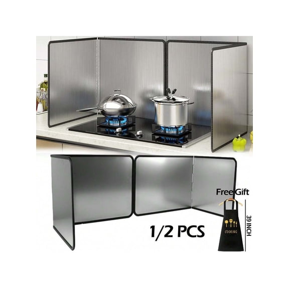 Stainless Steel Splash Guard for Stove Top Grease Shield, Foldable 2-Sided Oil Splatter Guard with Cooking Apron, Heat Resistant Oven & Induction Cooktop Shield