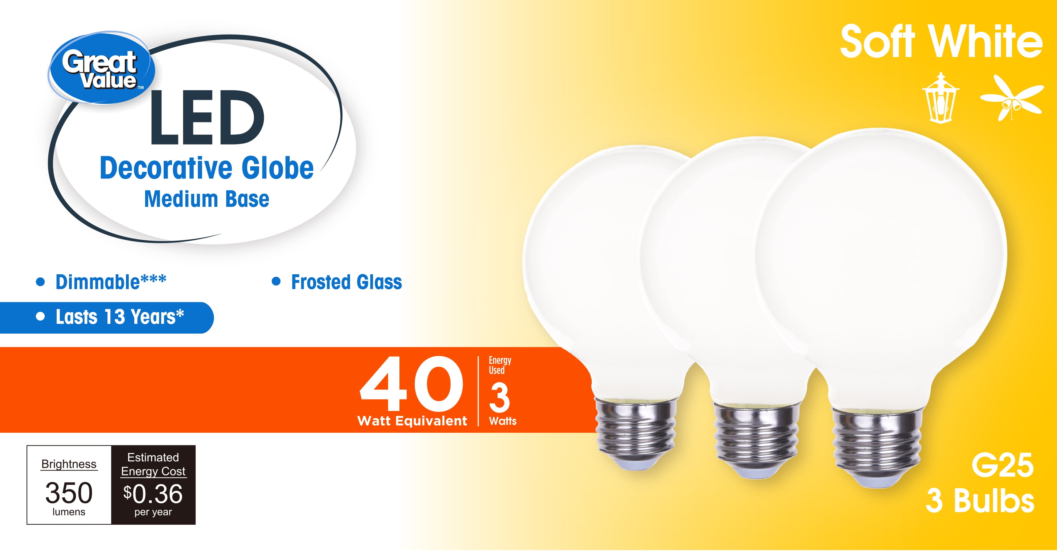 (2 pack) Great Value G25 LED Bulb, 3-Watt (40W Equivalent) Soft White Decorative Globe E26 Base Dimmable3 Pack