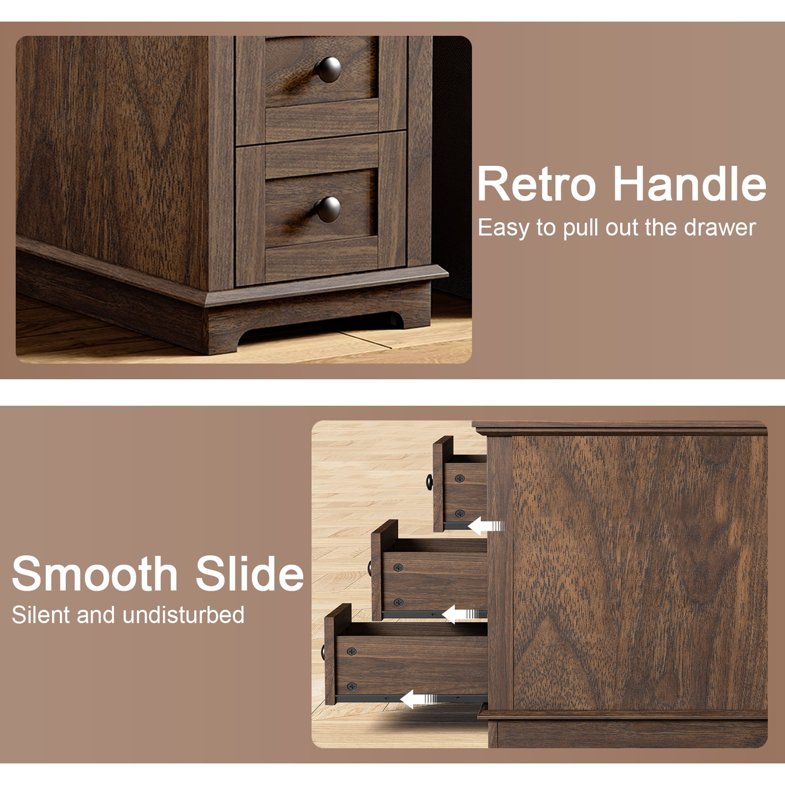 FAGAGA End Table with 3 Drawers for Living Room,Nightstand Sofa Side Table with Charging Station,Dark Walnut