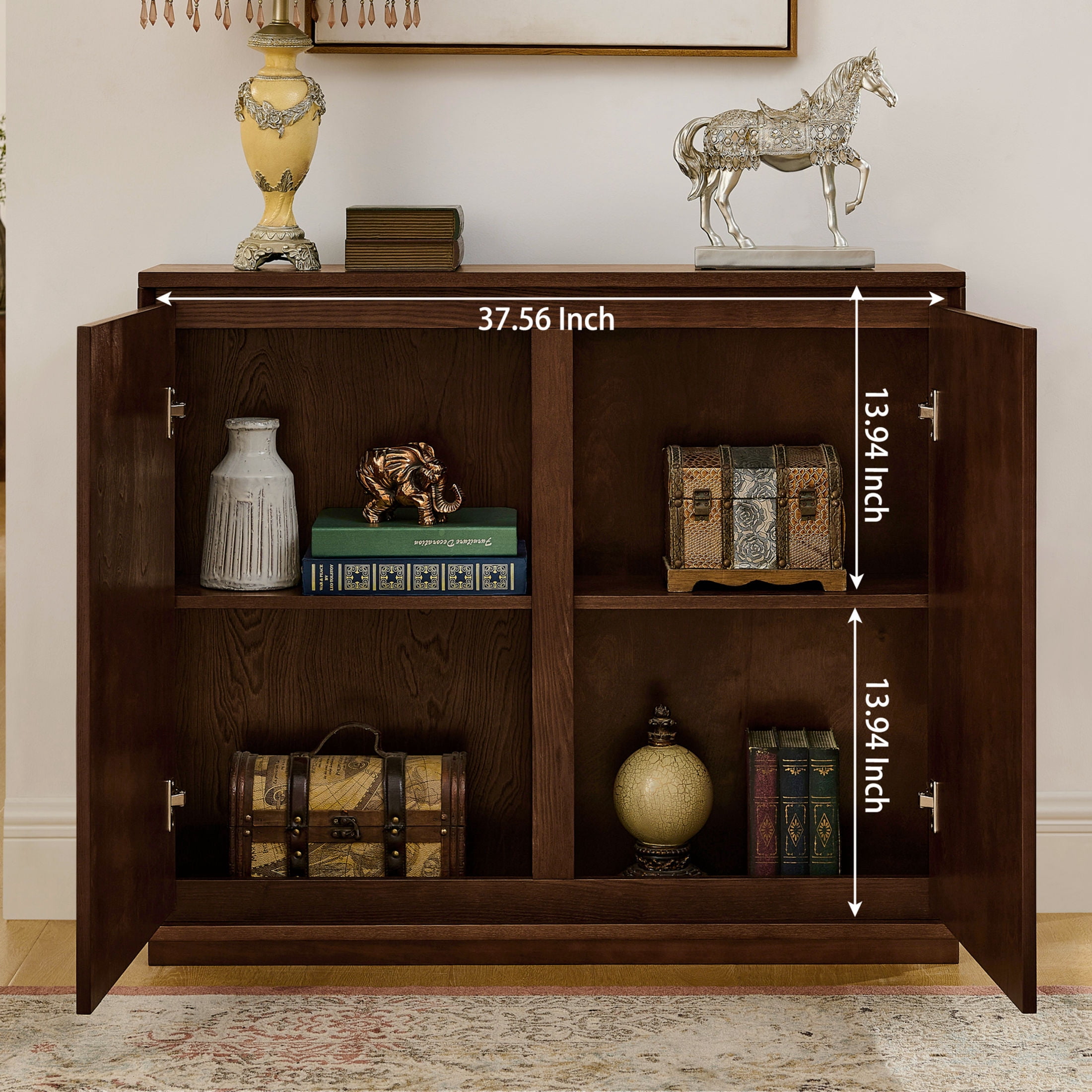 GDF Studio 39" Mid Century Modern V-Shaped Fluted Sideboard Cabinet with Outlet Holes, Dark Walnut
