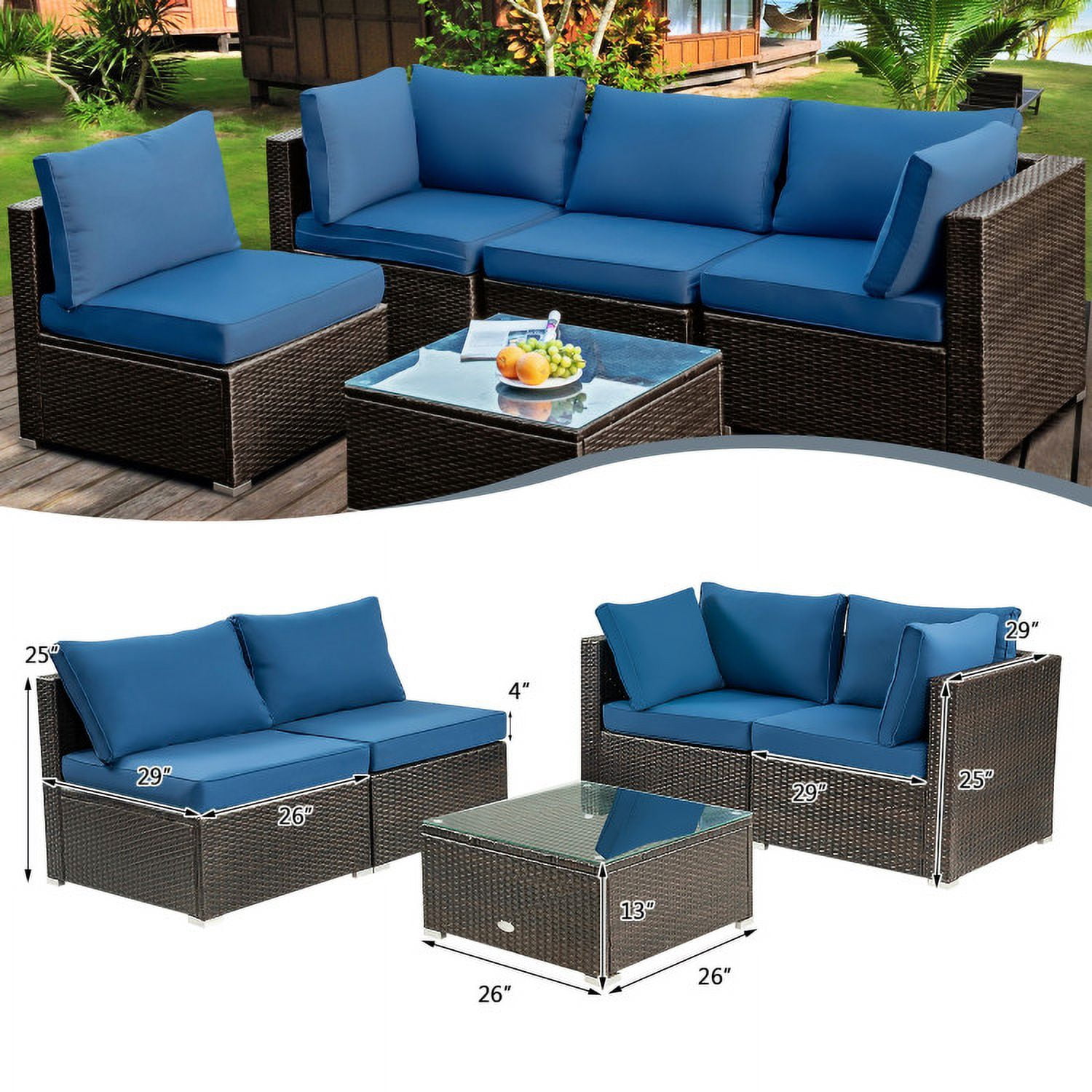 Aimee Lii 5 Pieces Cushioned Patio Rattan Furniture Set with Glass Table, Outdoor Patio Set, Navy Aimee Lii 5 Pieces Cushioned Patio Rattan Furniture Set with Glass Table, Outdoor Patio Set, Navy