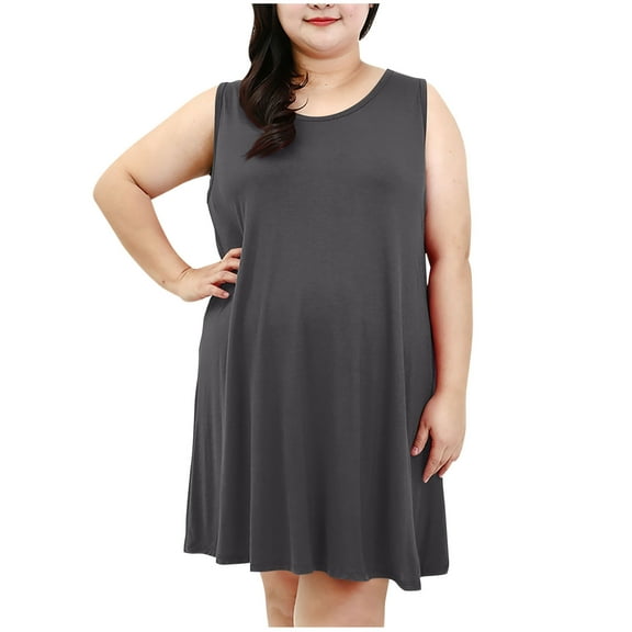 Taylonsss Womens Plus Size Casual Dress Sleeveless Round Neck Loose Fit Solid Color Comfy Daily Wear