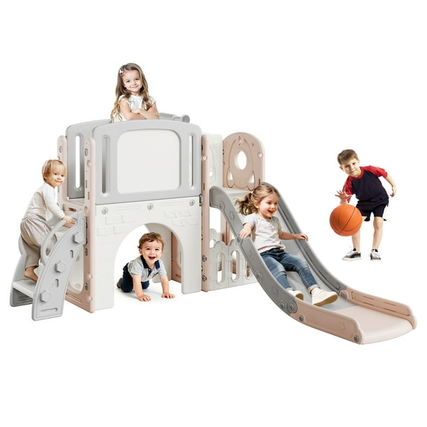 Juego de Tobogán Interior para Niños Pequeños de 3 a 5, Juguete de Tobogán y Escalador 8 en 1 con Aro de Baloncesto, Estructura de Juego de Plástico Segura para Niños y Niñas, Juego Interior Fácil de