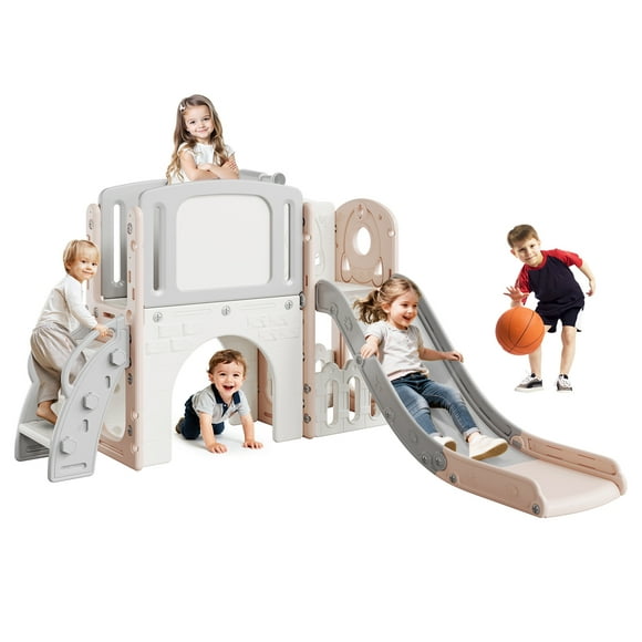 Juego de Tobogán Interior para Niños Pequeños de 3 a 5, Juguete de Tobogán y Escalador 8 en 1 con Aro de Baloncesto, Estructura de Juego de Plástico Segura para Niños y Niñas, Juego Interior Fácil de