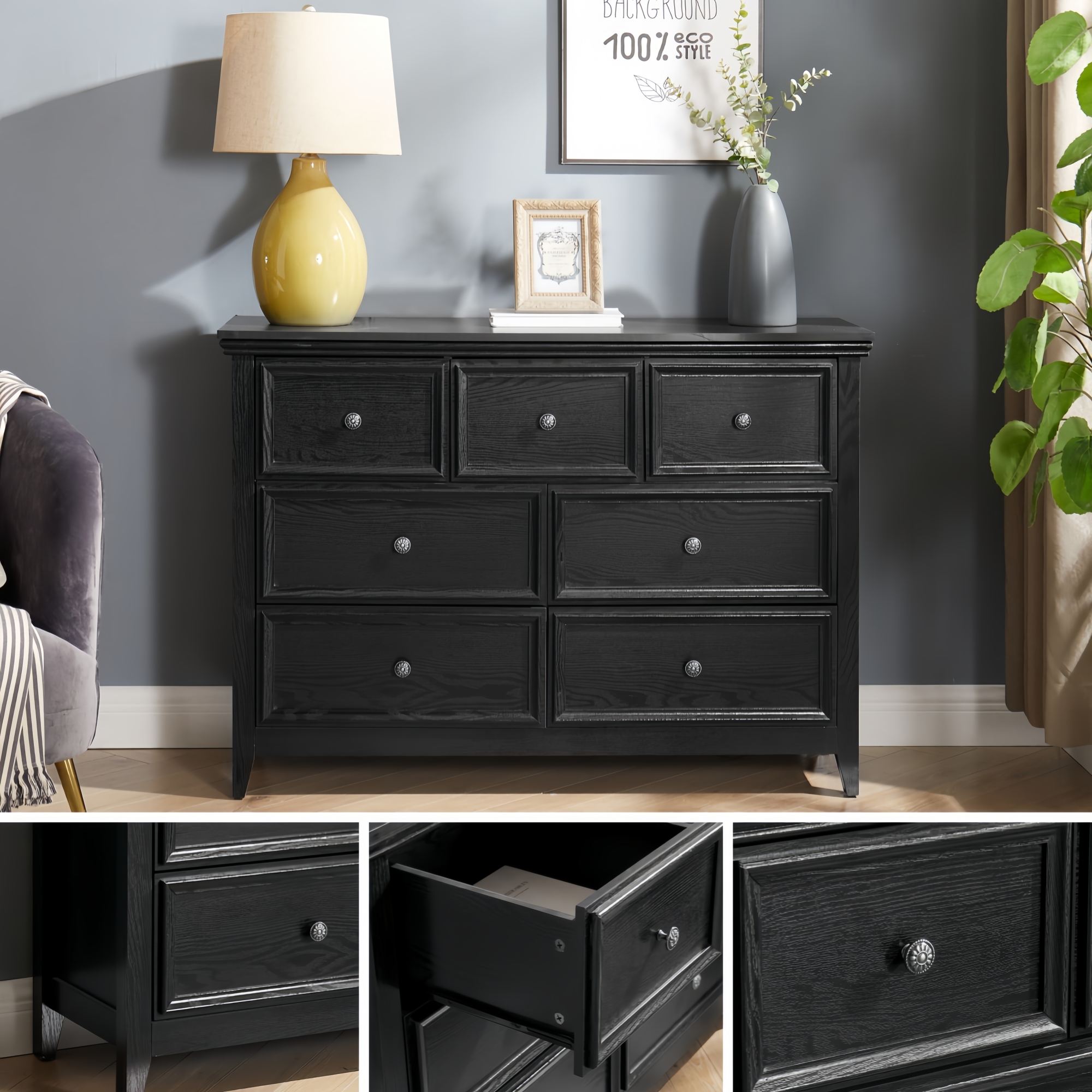 Leumius 7 Drawers Dresser,Modern 7 Drawers Cabinet Chest of Drawers Closet Organizers and Storage for Living Room,Bedroom,Black
