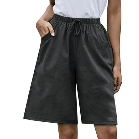 

YanHoo Women s Summer Bermuda Shorts Linen High Waist Drawstring Pants Wide Straight Leg Shorts with Pockets