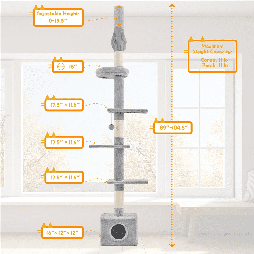 Alden Design Multilevel Floor To Ceiling Cat Tree with 4 Perches, Light Gray