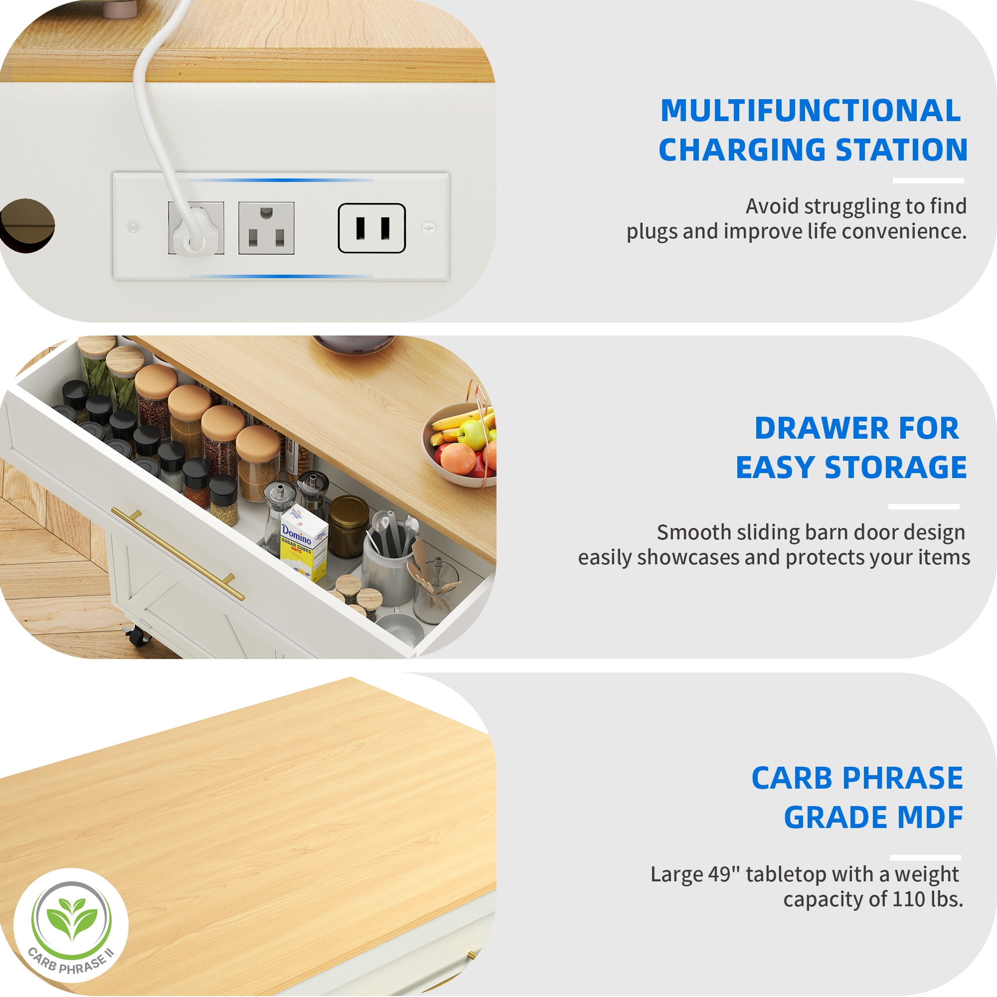 Uforic Kitchen Storage Cart with 2 Tilt Out Trash Can, Rolling Kitchen Island with Power Outlets & Drawers, White