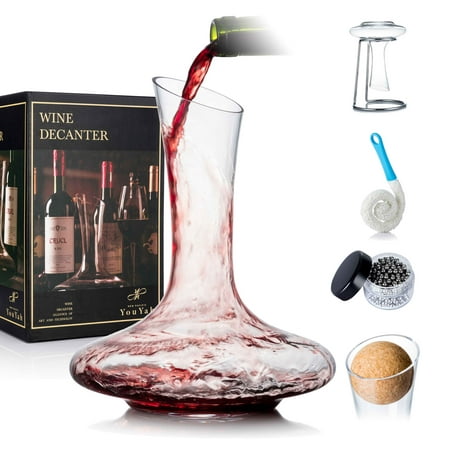 

YouYah Wine Decanter Set with Drying Stand Stopper Brush and Beads Red Wine Carafe Wine Aerator Wine Gifts Wine Accessories Hand-blown 100% Lead-Free Crystal Glass