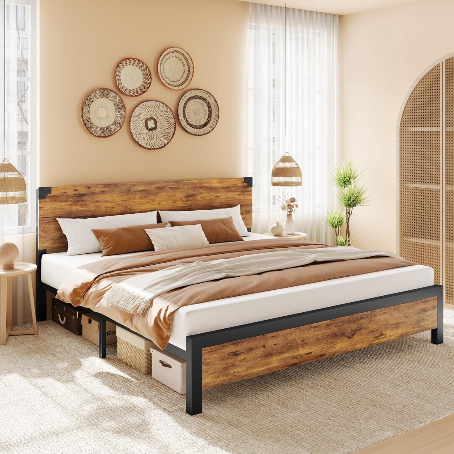 King Size Bed Frame with Wooden Headboard – Features a Platform Design with Under-Bed Storage and Metal Legs. Noise-Free Operation, No Box Spring Required, and Easy Assembly – Rustic Brown