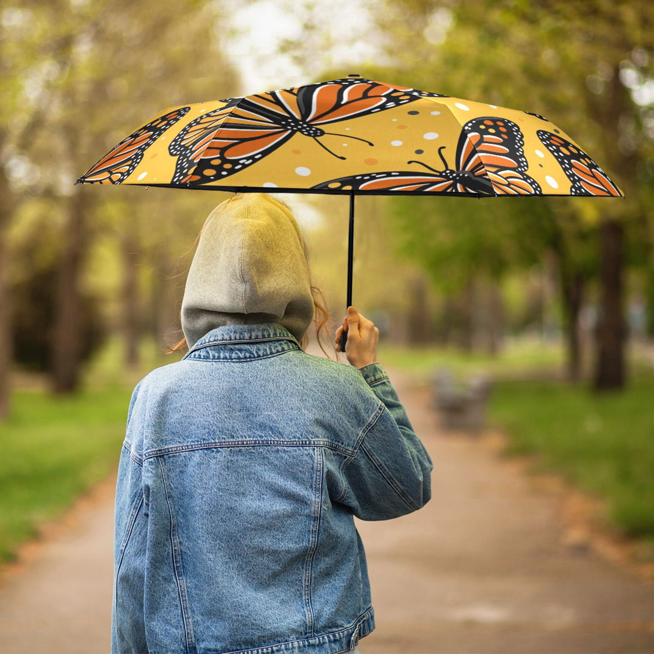 Monarch Butterflies Compact Folding Umbrella for Rain Windproof Travel Umbrella UPF 50+ Lightweight Packable Arc Size