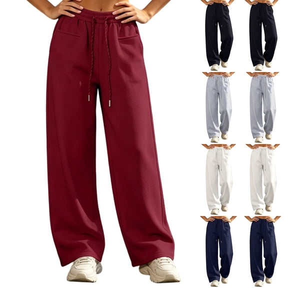 LEAVINGSUO Wide Leg Sweatpants for Women Solid-Colored Straight-Cut Loose-Fitting Draped Casual Sweatpants Navy S