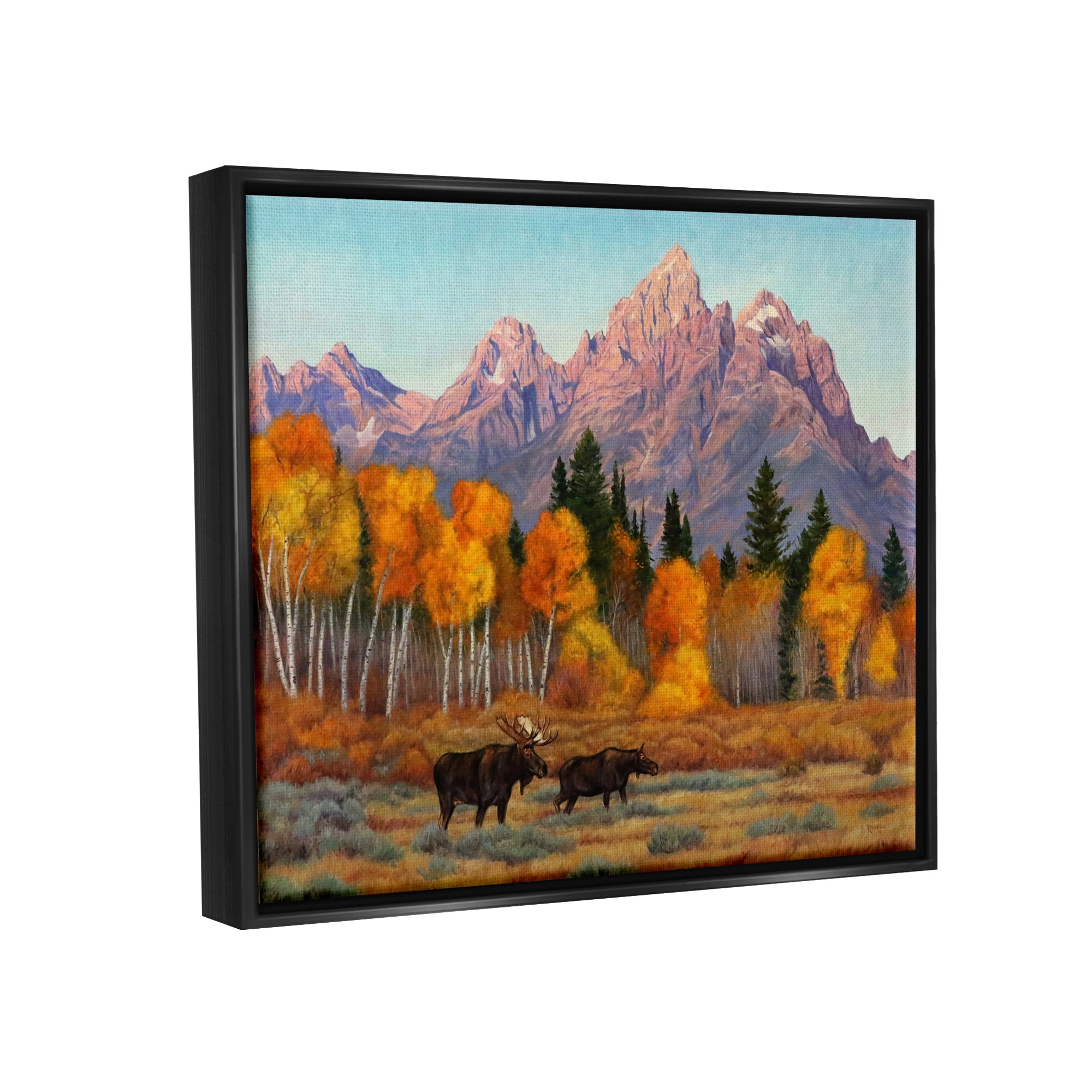 Stupell Industries Wildlife with Autumn Scenery Landscape Painting Black Floater Framed Canvas Art Print Wall Art, 31 x 25