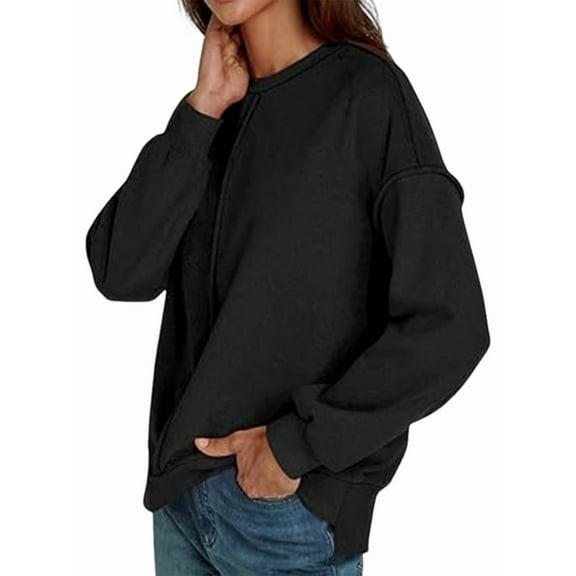 Women Oversized Sweaters Batwing Long Sleeve Fall Outfits Crewneck Casual Knit Side Slit Pullover Top Black XL
