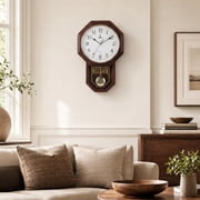 Pendulum Wall Clock - Decorative Wood Wall Clock with Pendulum - Schoolhouse Clock Regulator Design, Battery Operated & Silent, Wooden Pendulum Clock 18x11