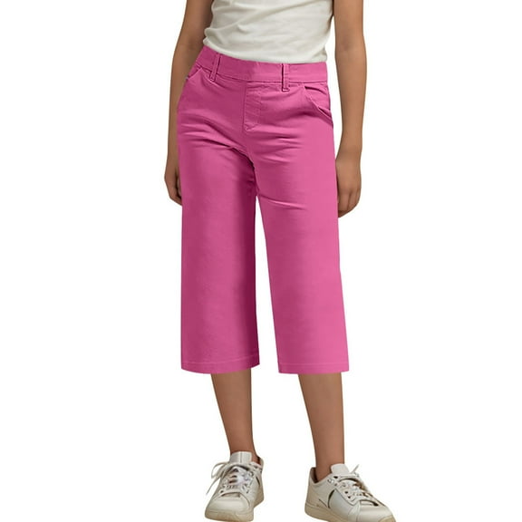Fengqque Girls Straight Leg Capri Pants with Elastic Waist and Pocket - Solid Comfort Fit for Kids 4-14 Years - Fashion Casual Bottoms for Daily Use