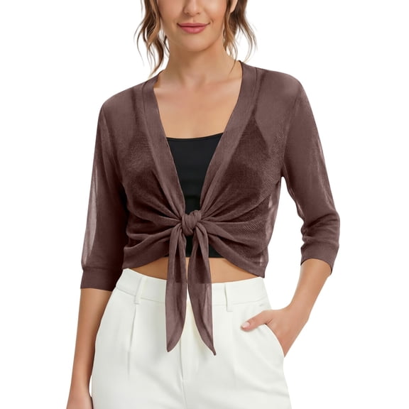 Vinsonshop Women's 2026 Summer Lightweight Short Bolero Cardigan Shrug Sheer Tie Front Top 3/4 Sleeve Jacket for Dress Brown XXL