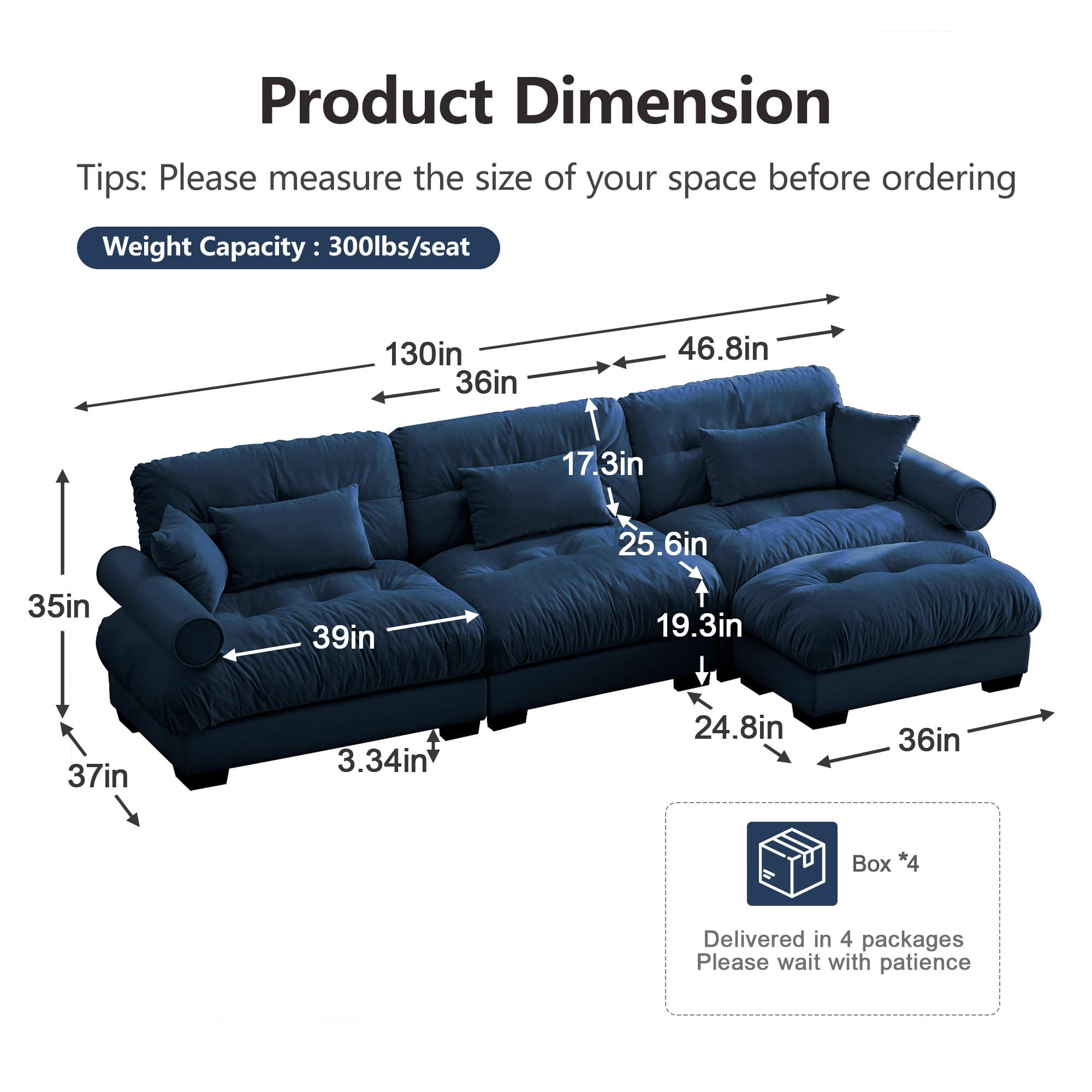 Alvantor L-Shaped Sectional Sofa 3-Seater Velvet Sofa Couch with Bolstered Armrests for Living Room, Easy Assembly Blue
