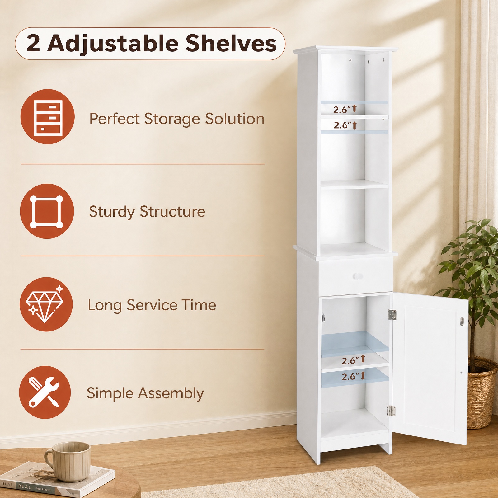 Vebreda Tall Freestanding Bathroom Storage Cabinet with Drawer, Door & 3 Open Shelves, Narrow Linen Tower Organizer with Adjustable Shelving for Bathroom, White
