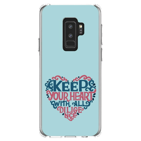DistinctInk Clear Shockproof Hybrid Case for Samsung Galaxy S9  PLUS (6.2" Screen) - TPU Bumper, Acrylic Back, Tempered Glass Screen Protector - Keep Your Heart With All Diligence