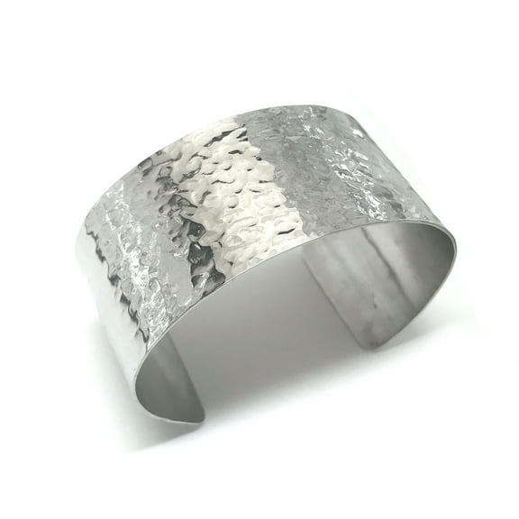 Wide Hammered Silver Cuff Bracelet Stainless Steel