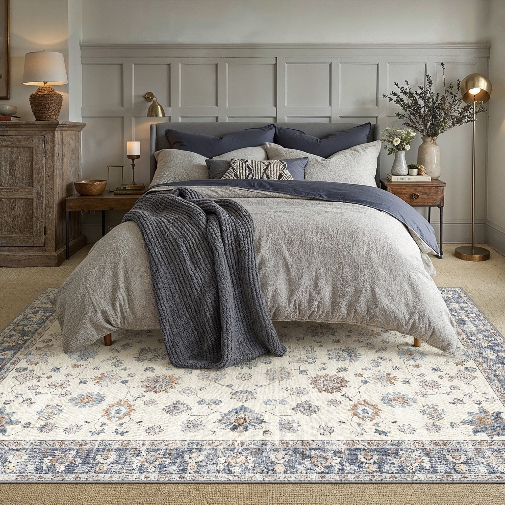 BERTHMEER 9'x12' Large Area Rugs for Living Room Bedroom Office Blue Vintage Non Slip Washable Farmhouse Dining Room Oriental Traditional Distressed Rugs