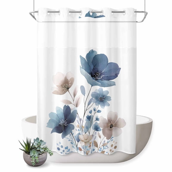 No Hook Shower Curtain, Navy Blue Floral Shower Curtains for Bathroom with See Through Top Window, Watercolor Flowers Farmhouse Waterproof & Washable Bath Curtain Extra Long 72"x96"