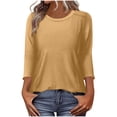 thumbnail image 3 of Women's 3/4 Sleeve Round Neck Tops Shirts Blouses Casual Solid Color Loose Fit Tee for Daily Wear Work Office Vacation Outfits Fashion Essential Gift for Women | HAODEJW,Khaki L, 3 of 8