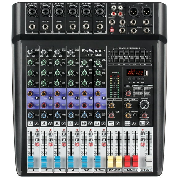 Berlingtone BR-118MX, Professional 8 - Channel Bluetooth Studio Audio Mixer - DJ Sound Controller Interface, USB Drive, RCA, XLR Microphone Jack, 7 Band EQ, 16BIT Digital Multi Effect Processor