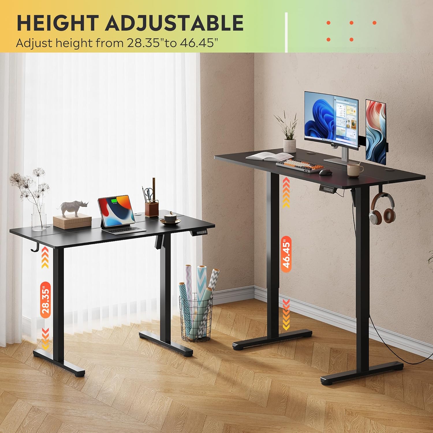 MorandiMal 48 Inch Electric Standing Desk, 3 Adjustable Height Stand up Desk for Home Office, Ergonomic Sit to Stand Desk with LED Touchscreen, Headphone Hook, 3 Memory Preset Computer Desk (Black)