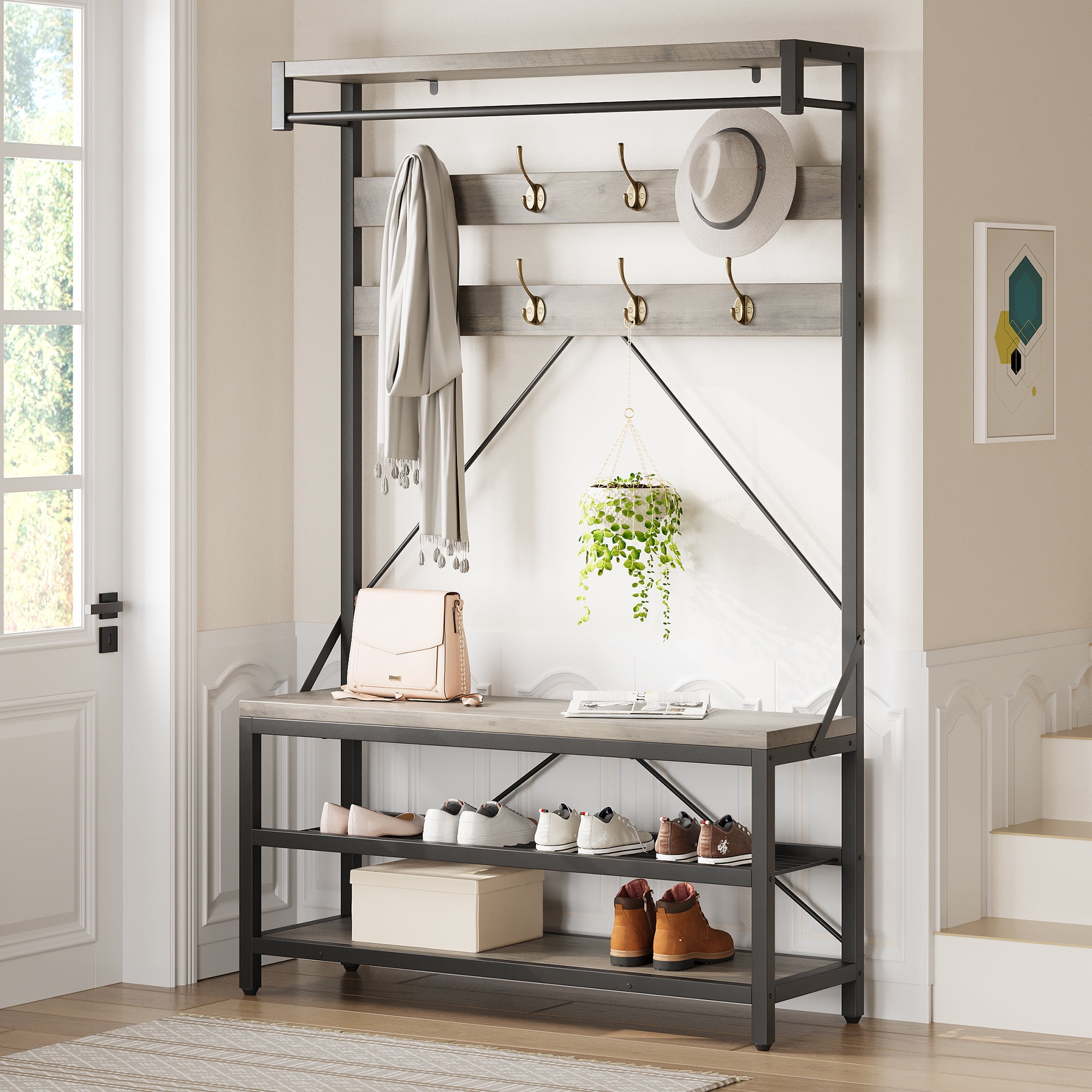 4-in-1 Hall Tree with Bench and Shoe Storage, 40" Coat Rack Shoe Bench Entryway Bench with Coat Rack, Freestanding, Accent Wood Look Large Shoe Rack Bench with Storage Shelf and 8 Hooks